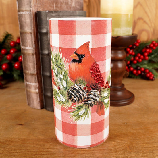 8In Led Plaid Cylinder Cardinal Candle - Christmas Place