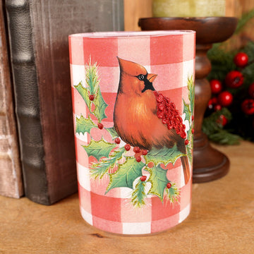 6In Led Plaid Cylinder Cardinal Candle Small - Christmas Place