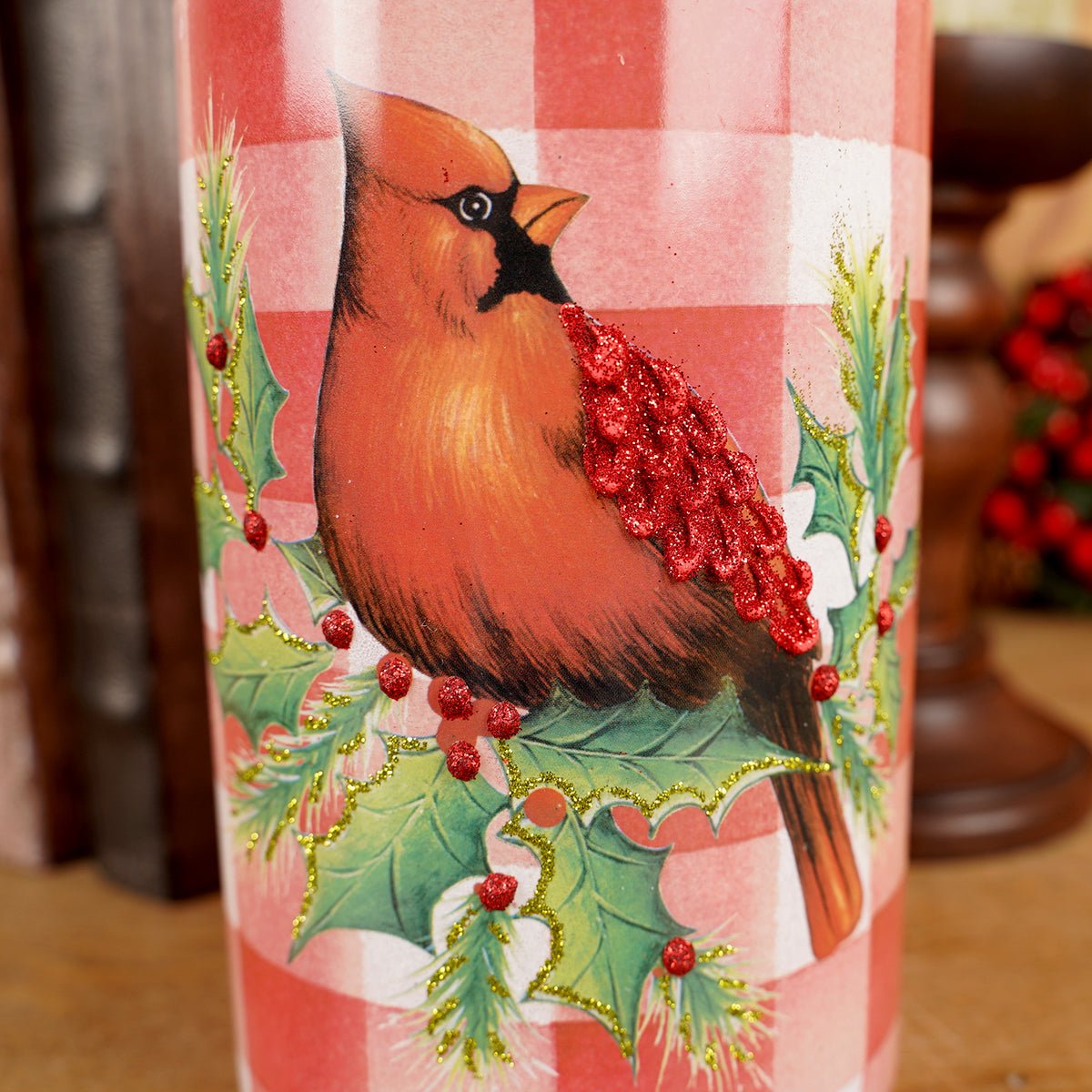 6In Led Plaid Cylinder Cardinal Candle Small - Christmas Place