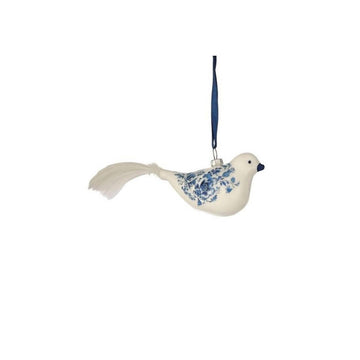Glass Blue White Floral Print Bird Ornament