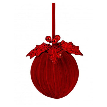 6IN RED VELVET SEQUIN BALL WITH HOLLY ORNAMENT - Christmas Place