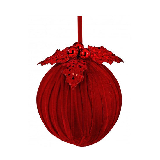 8IN RED VELVET SEQUIN BALL WITH HOLLY ORNAMENT - Christmas Place