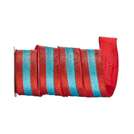 Red Aqua Stripe Glitter Ribbon - Christmas Place