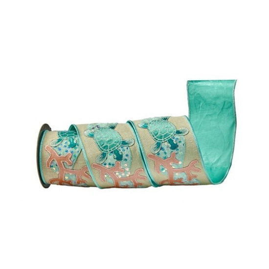 Aqua Blue Sequin Trim Coastal Turtle Ribbon - Christmas Place