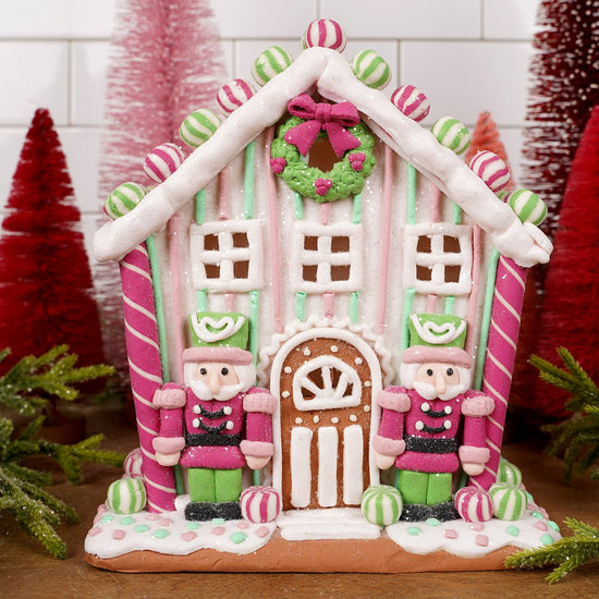8.5IN LT PINK GREEN STRIPE NUTCRACKER GINGERBREAD HOUSE - Christmas Place