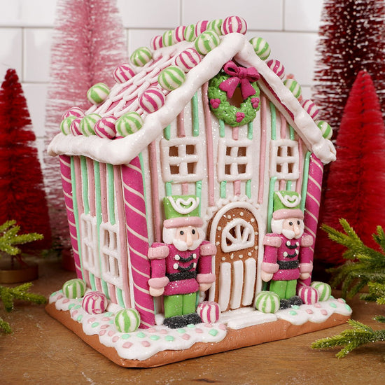 8.5IN LT PINK GREEN STRIPE NUTCRACKER GINGERBREAD HOUSE - Christmas Place