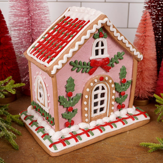8IN LT PINK HOLLY GINGERBREAD HOUSE - Christmas Place