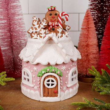 7IN LT PINK ROUND GINGERBREAD HOUSE - Christmas Place