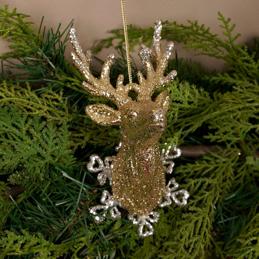 6Inch Gold Reindeer Head Snowflake Ornament - Christmas Place