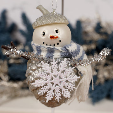 Grey Pinecone Snowman Blue Scarf Ornament