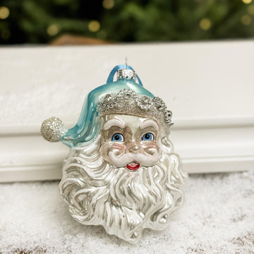 Glass Teal Santa Ornament
