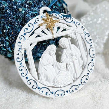 White Blue Nativity Ornament