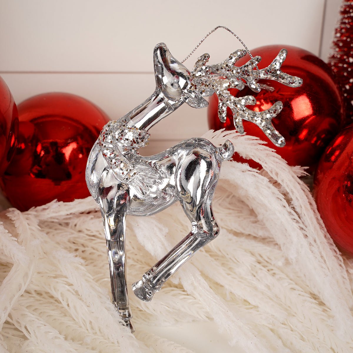 Clear Silver Glitter Deer Ornament - Christmas Place