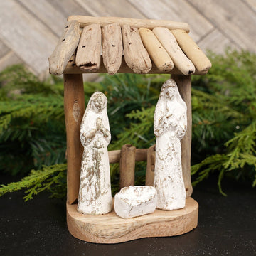 Driftwood Creche With White Holy Family - Christmas Place