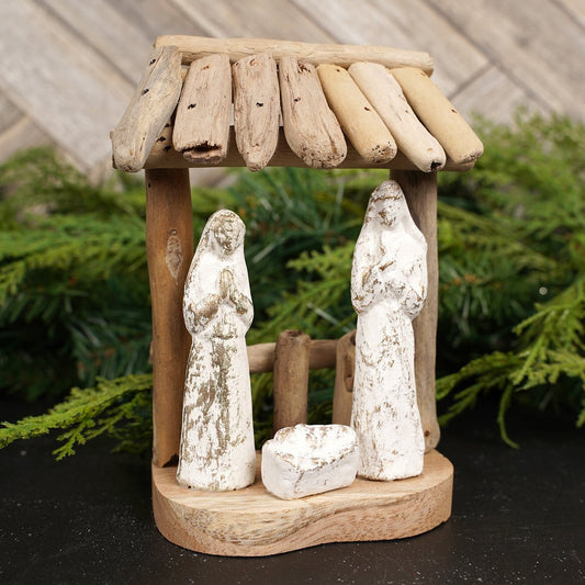 Driftwood Creche With White Holy Family - Christmas Place