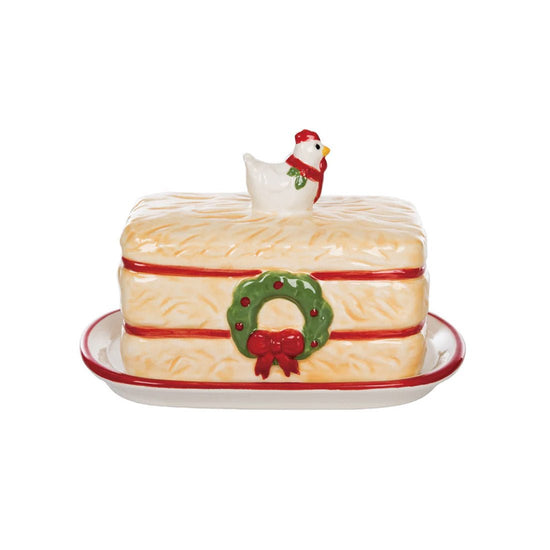 Rooster Hay Bale Butter Dish with Wreath Ceramic Christmas Butter Dish Hay Bale with Christmas wreath