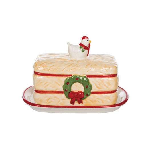 Rooster Hay Bale Butter Dish with Wreath Ceramic Christmas Butter Dish Hay Bale with Christmas wreath