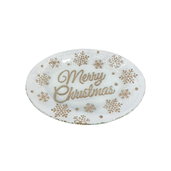 Glass White Gold Merry Christmas Platter - Christmas Place