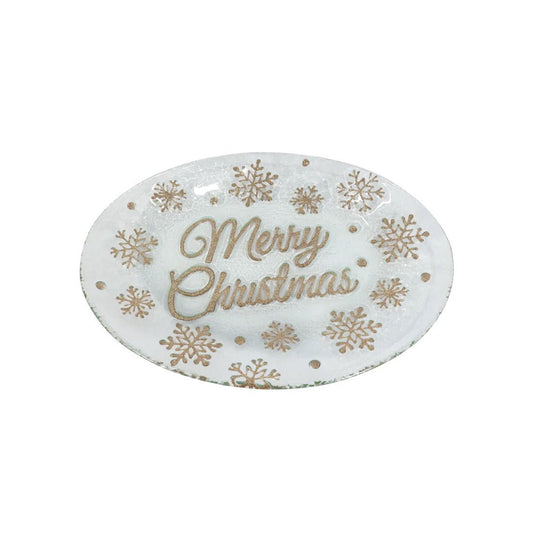 Glass White Gold Merry Christmas Platter - Christmas Place