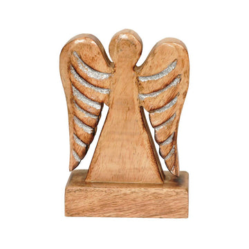 Wood Block Angel With Silver Metallic Wings - Christmas Place