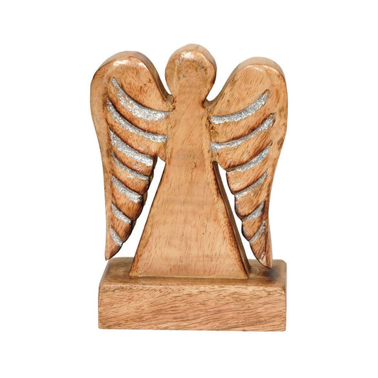 Wood Block Angel With Silver Metallic Wings - Christmas Place