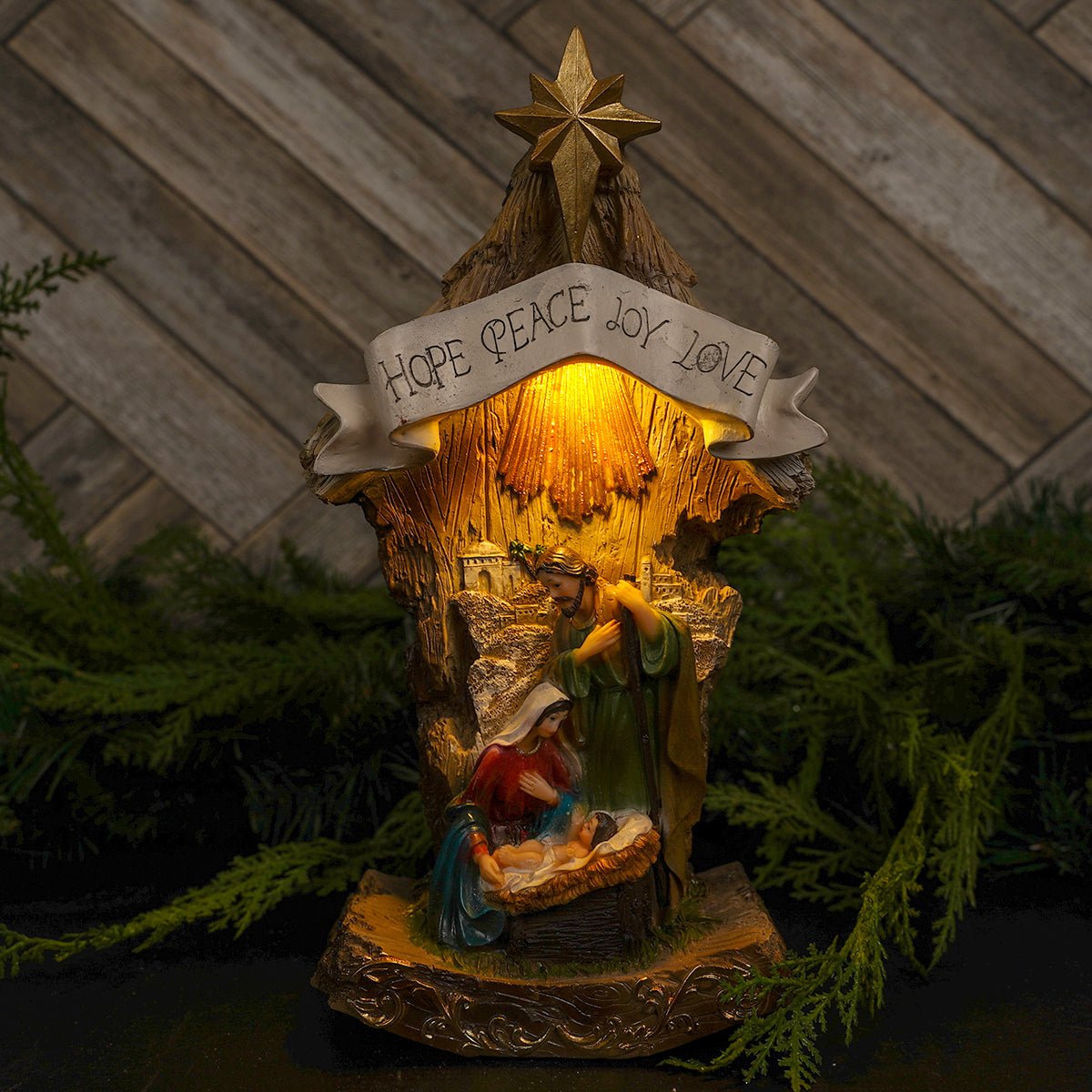 11.6Inch LED Nativity Scene With Hope Peace Banner - Christmas Place