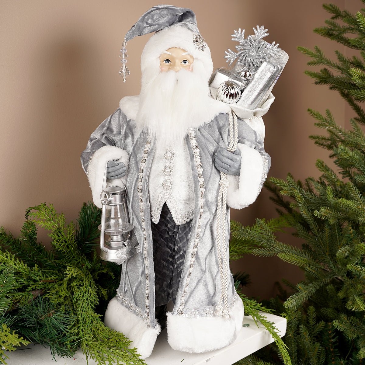 20.9Inch Silver Santa With Lantern - Christmas Place