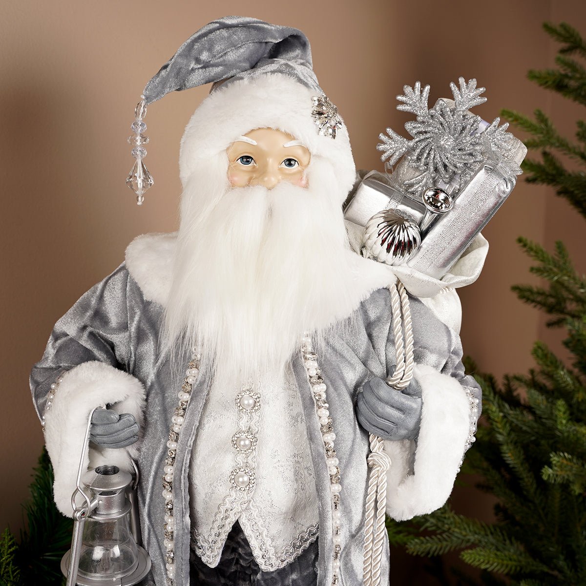 20.9Inch Silver Santa With Lantern - Christmas Place