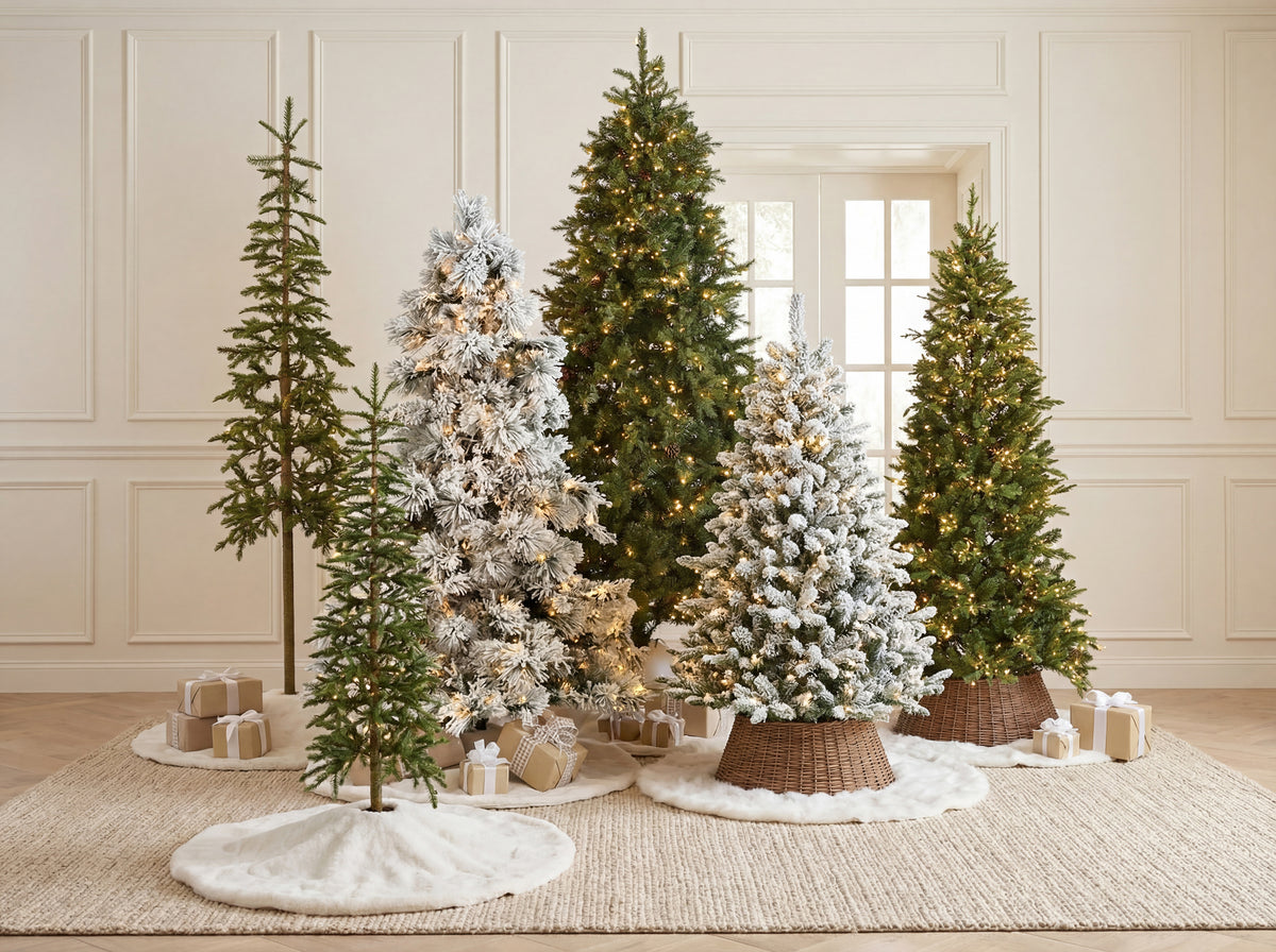 Set of Christmas trees decorated with lights and ornaments in a room with wooden flooring and white walls Christmas Place