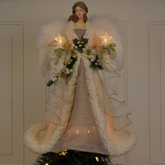 Ivory and Grey Lighted Angel Treetop - Christmas Place