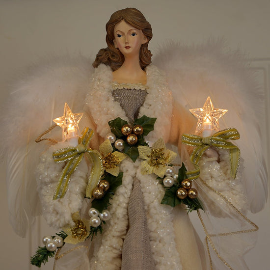 Ivory and Grey Lighted Angel Treetop - Christmas Place