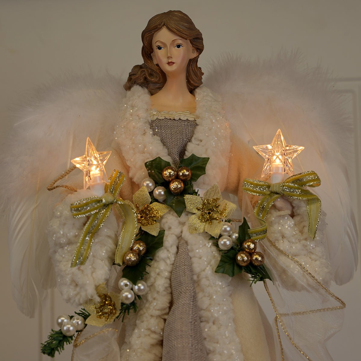 Ivory and Grey Lighted Angel Treetop - Christmas Place