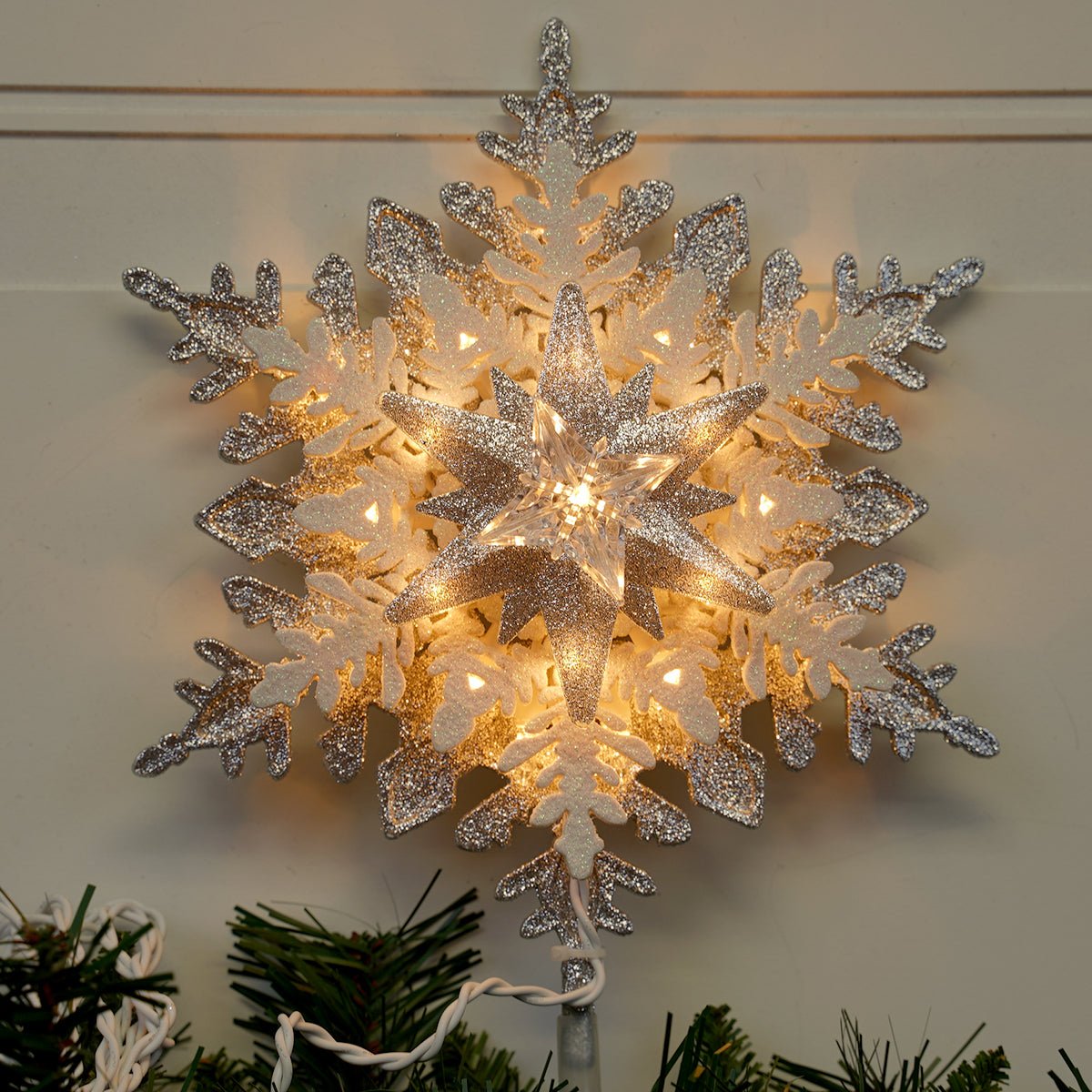 13 Inch Silver White Snowflake Tree Topper - Christmas Place