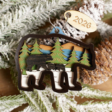 Smoky Mountains Bear with Cubs Ornament Handcrafted Wood Christmas Ornament - Christmas Place