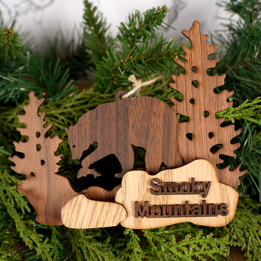 Smoky Mountains Wood Bear Ornament - Christmas Place