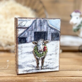 Cow With Wreath Wood Block Sign