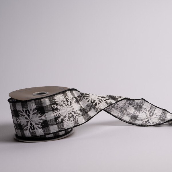 2.5 Inch Black And White Checkered Ribbon With Snowflakes