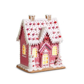 11in Lighted Pink Gingerbread House