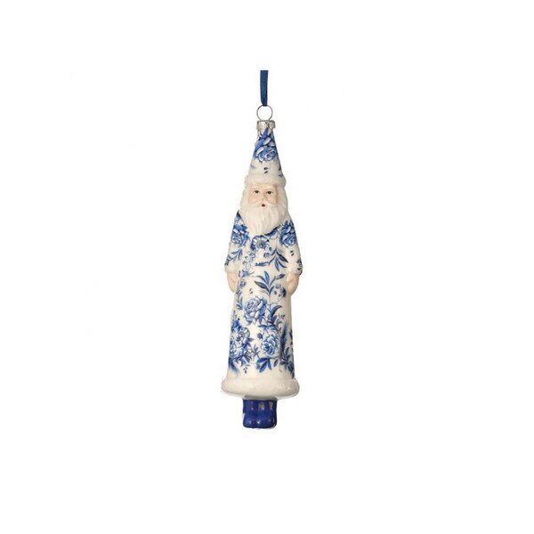 Blue White Floral Santa Ornament